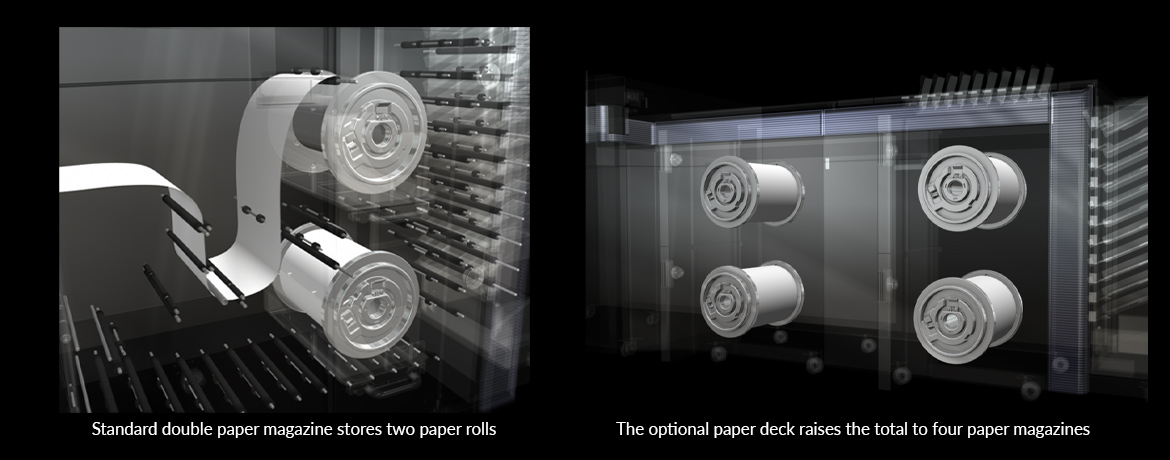 Double paper magazines enable paper changes whilst printing