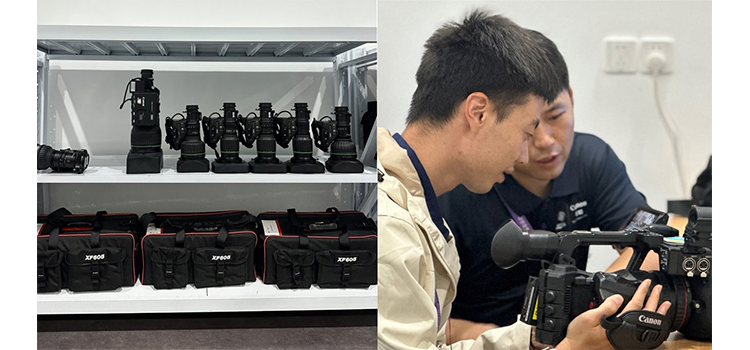 In the equipment warehouse of HB, the HB camera team borrowed Canon's latest 4K professional digital camcorder, the XF605, while Canon's professional broadcasting engineers explained the techniques of using it on the spot.